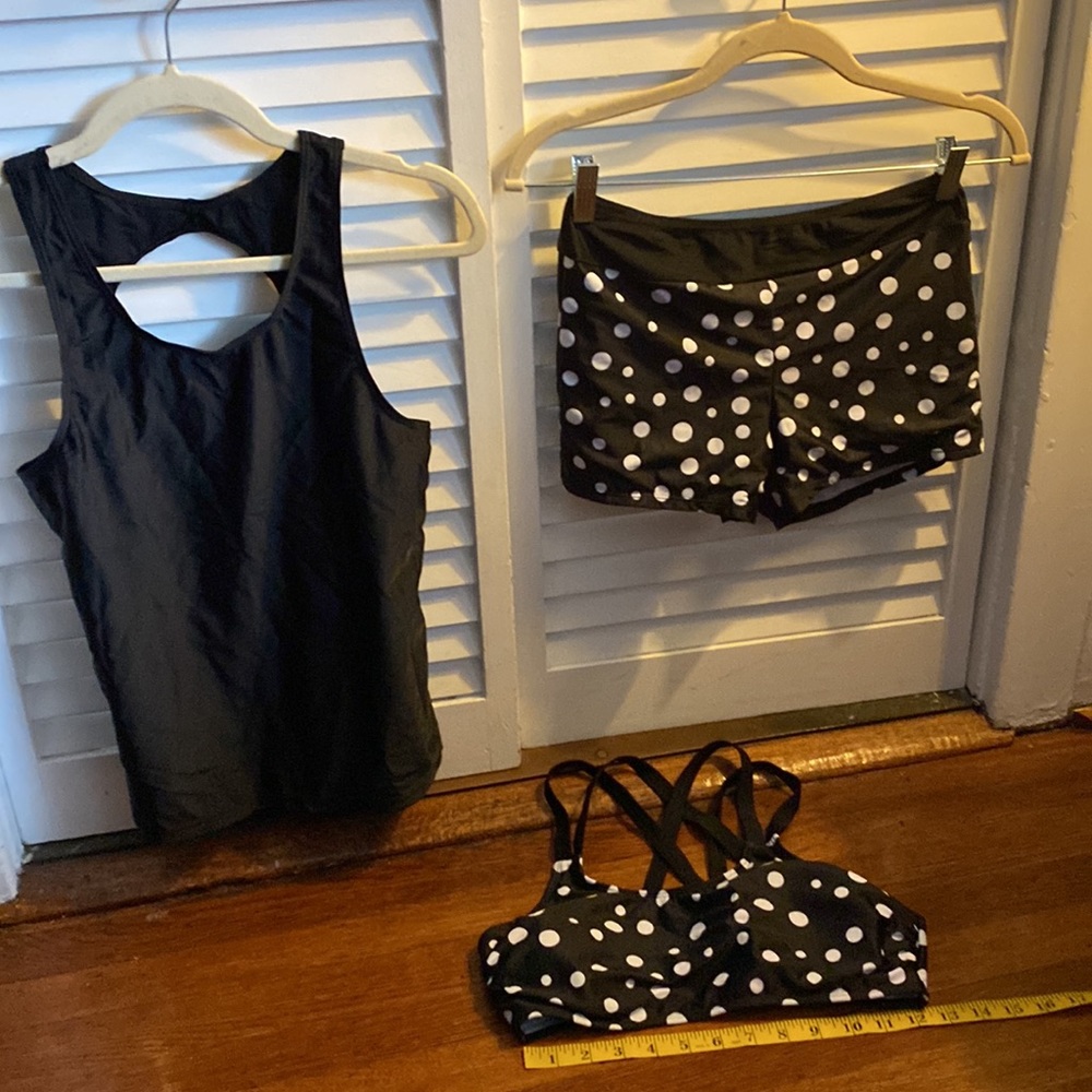 NWOT Yonique SM Black & White Polka Dot 3 Piece Tankini - Picture 8 of 16
